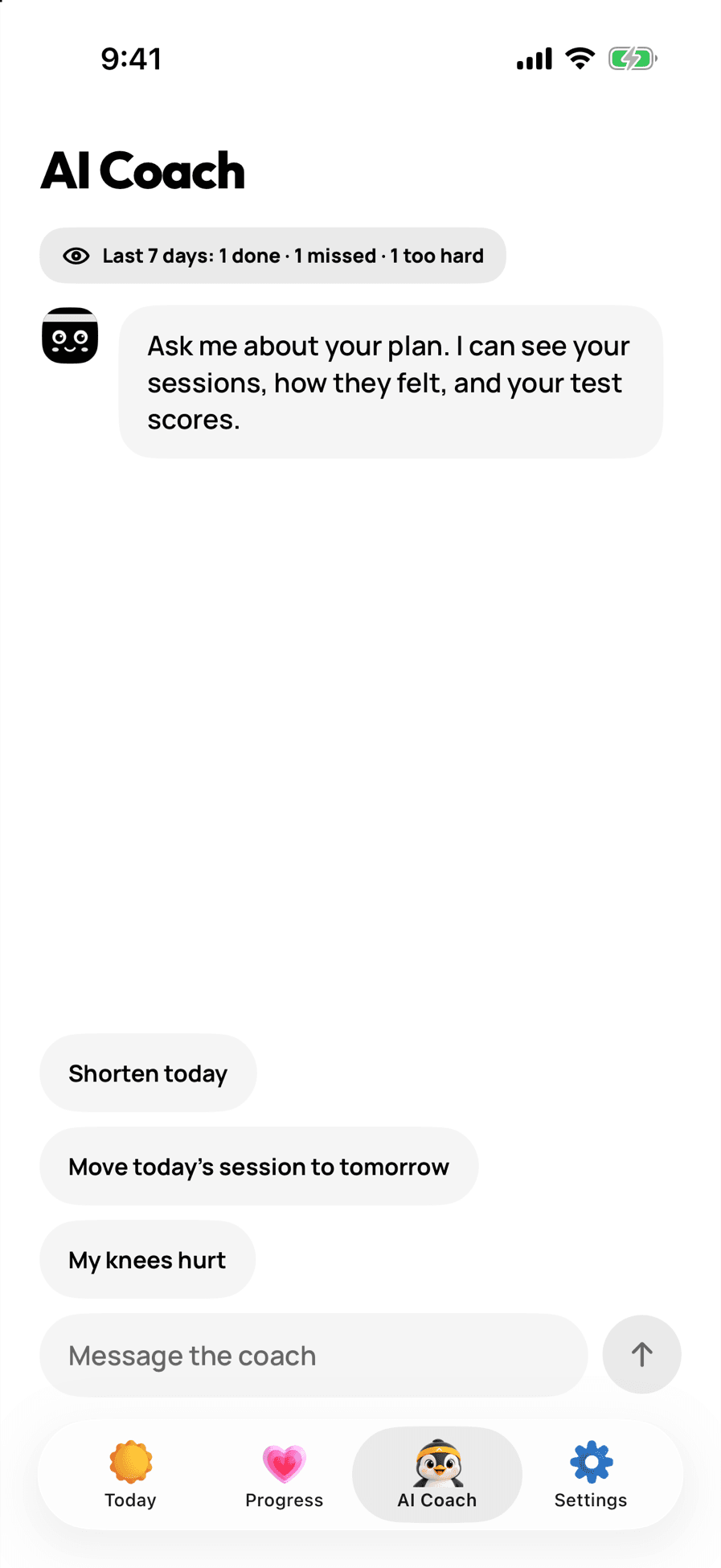 The AI Coach tab, showing a summary of the last 7 days and suggested questions