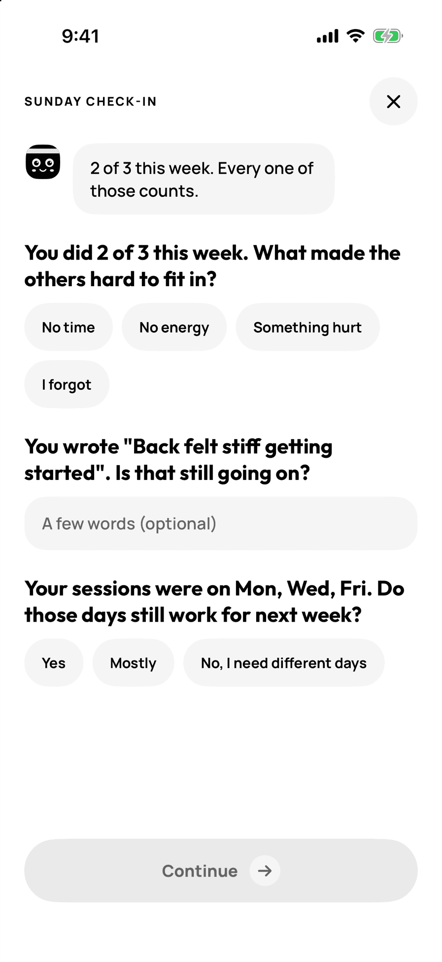 Sunday check-in: 2 of 3 this week, with questions about what got in the way