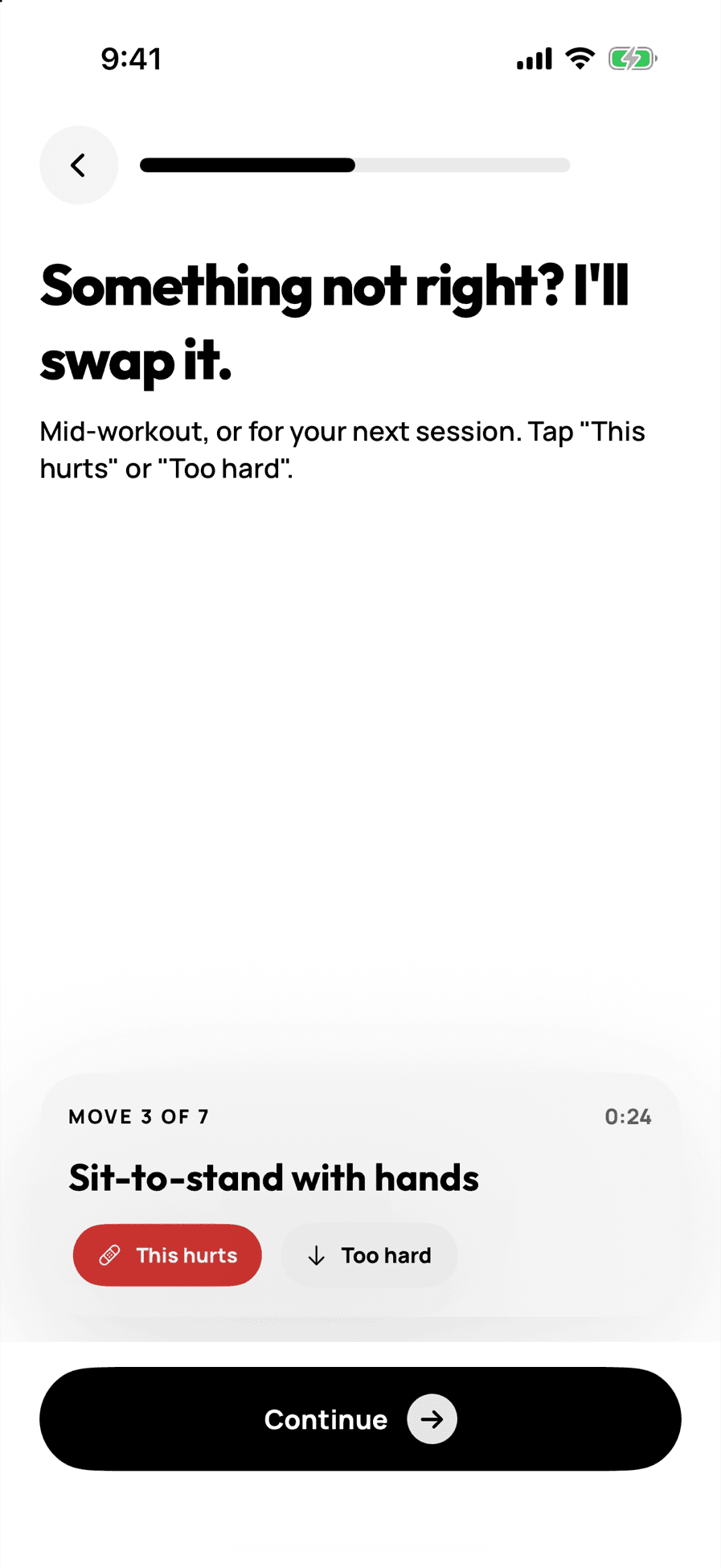 A move card for sit-to-stand with hands, with This hurts and Too hard buttons