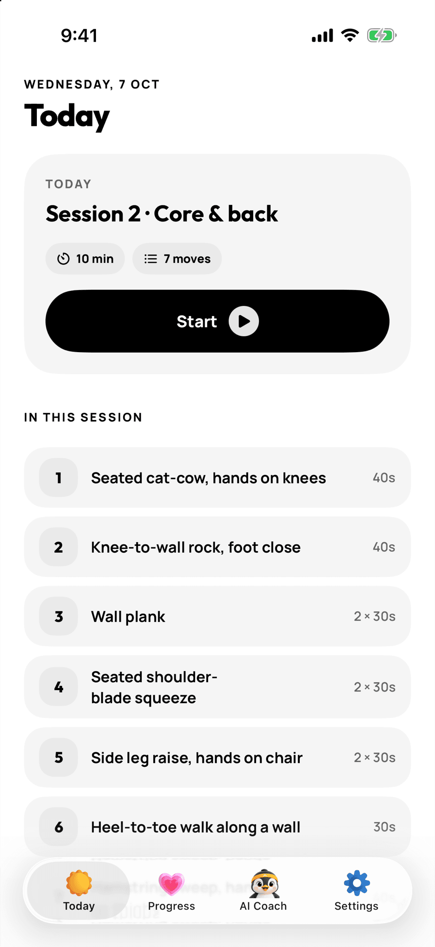 The Today screen: Session 2, core and back, 10 minutes, 7 moves, with a Start button